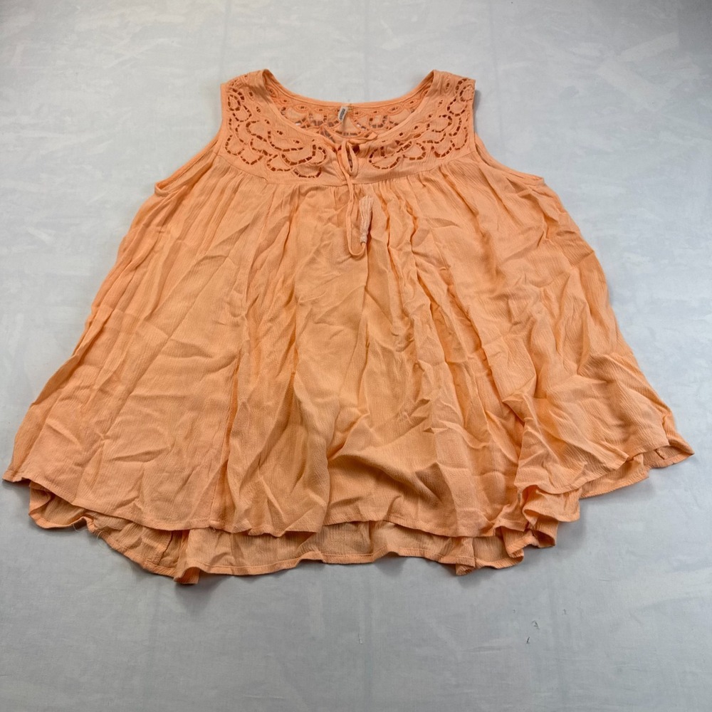 Mittoshop Tank Top Womens M Peach Lace Neckline Flowy Pleated Round Neck Summer